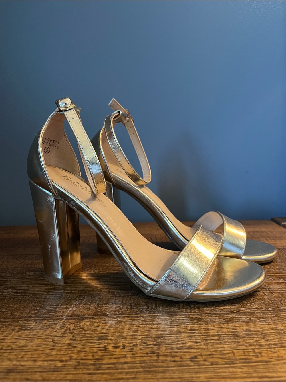 Bella Marie Metallic Gold Ankle-Strap Block Heels